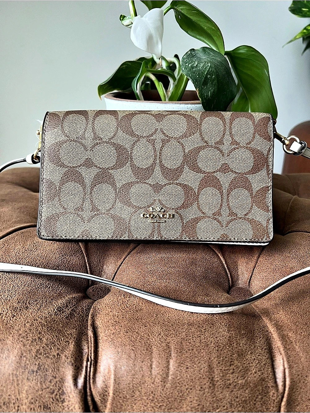 Coach Anna Foldover Crossbody Clutch Signature Canvas Brown & White